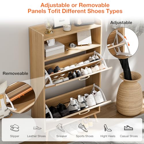 LED Rattan Shoe Storage Cabinet with 2 Flip Drawers,Freestanding Narrow Shoe Organizer Rack Slim Wood for Entryway,Foyer,Hallway,Living Room,Natural