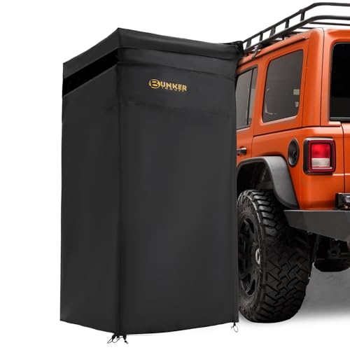 BUNKER INDUST Vehicle Side Shower Tent with Roof, Car Portable Privacy Shower Bathroom, Outdoor Camping Awning Shower Room Waterproof, Built-in LED Light for Night, Black
