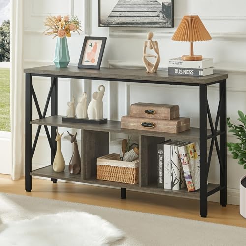 HOMBAZAAR Entryway Console Table, 47-inch Rustic Entryway Table with Storage, 3-Tier Hallway Tables with Shelves, Industrial Foyer Table for Living Room, Hallway, Entryway, Brown