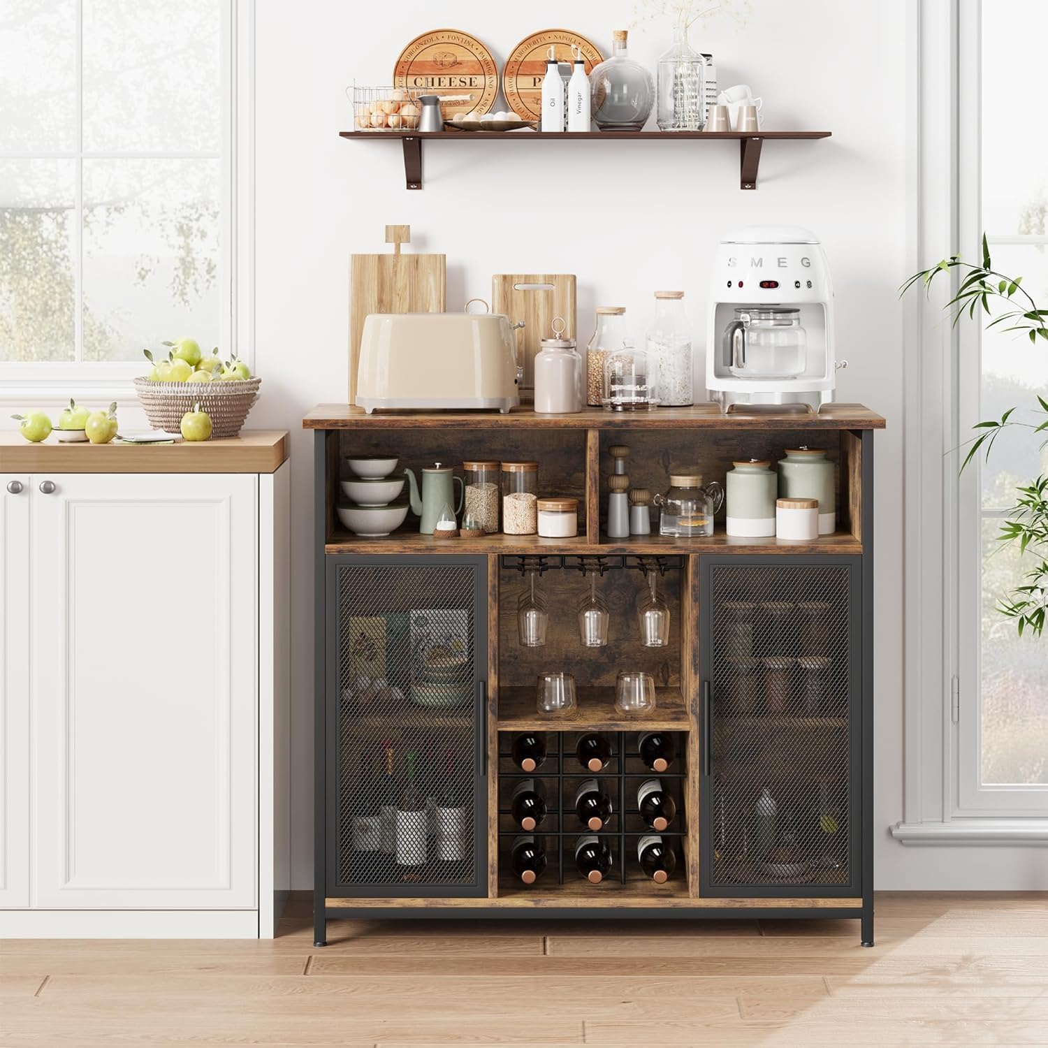 GAOMON Coffee Bar Cabinet, Industrial Buffet Storage Cabinet with Mesh Doors and Adjustable Shelves, Sideboard Buffet Table for Kitchen Living Dining Room, Rustic Brown