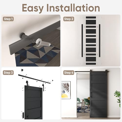 JUBEST 36" x 84" Barn Door, Slding Barn Door Kit Wave Shape Barn Door Panel with Hardware Kit Include, Easy Installation, Solid Wood, MDF & PVC Covered, Black