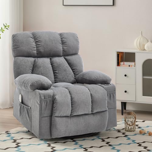 Massage Rocker Recliner Chair with Heat and Vibration Ergonomic Rocking Lounge Chair for Living Room Comfy Overstuffed Recliner with 4 Side Pockets,2 Cup Holders, USB Charge Port, Grey