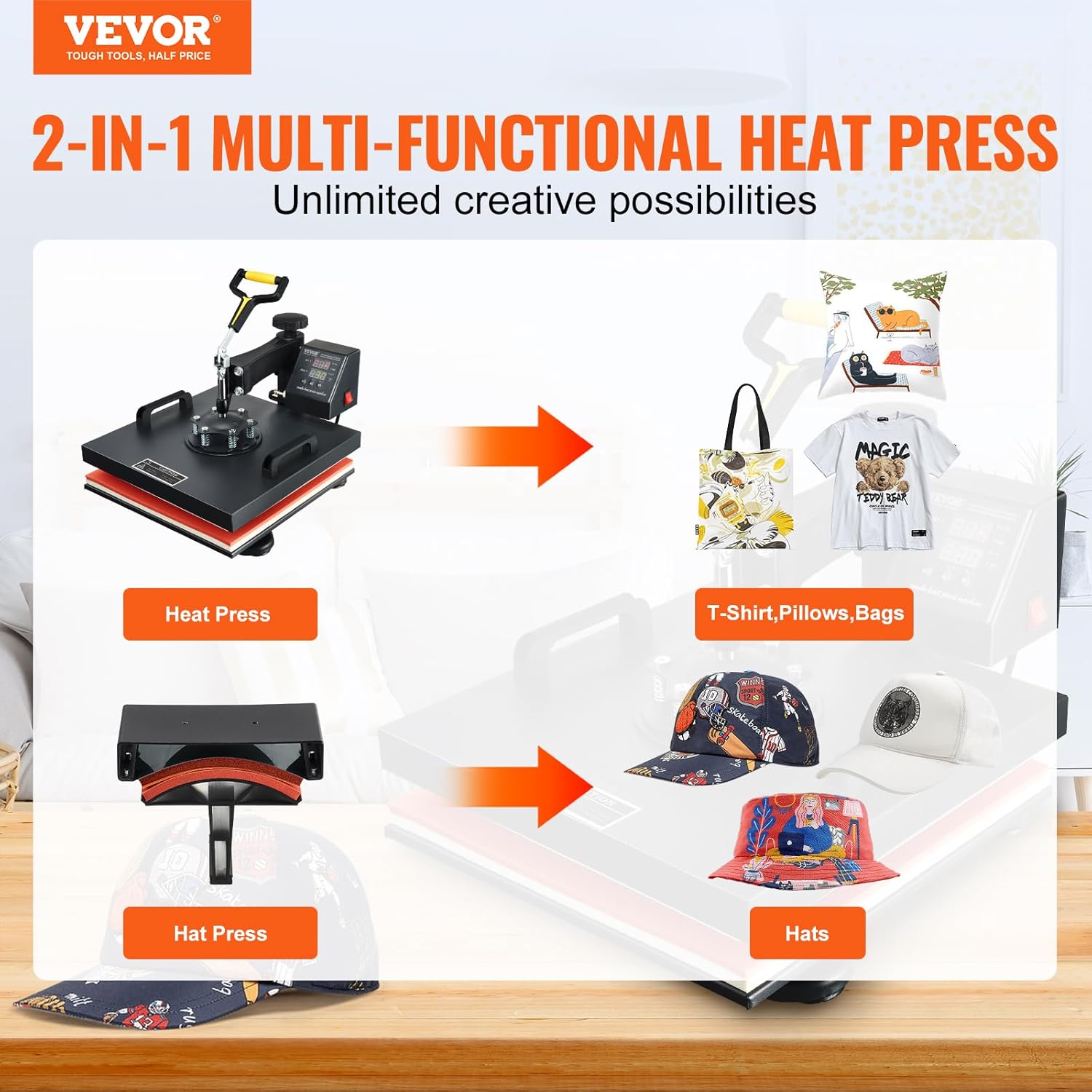 VEVOR 15x15 Heat Press Machine with Hat Press, 360° Swing Away Digital Tshirt Press Machine, Clamshell Heat Transfer Sublimation for Printing T-Shirt Hat Cap Pillow Bag