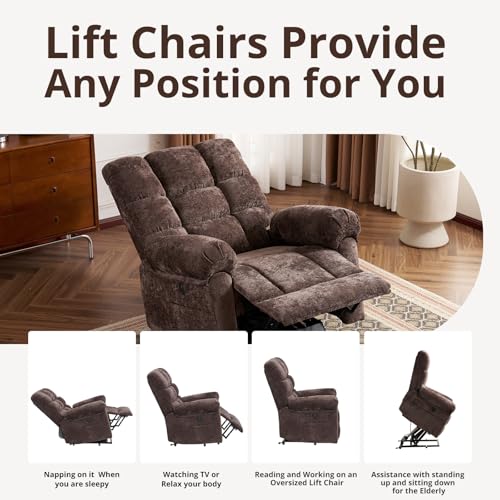 Oversized Power Lift Recliner Chair for Elderly, Extra Wide Lift Chair with Masssage and Heat, Chenille Electric Recliner Chairs for Big and Tall, USB Ports, Coffee