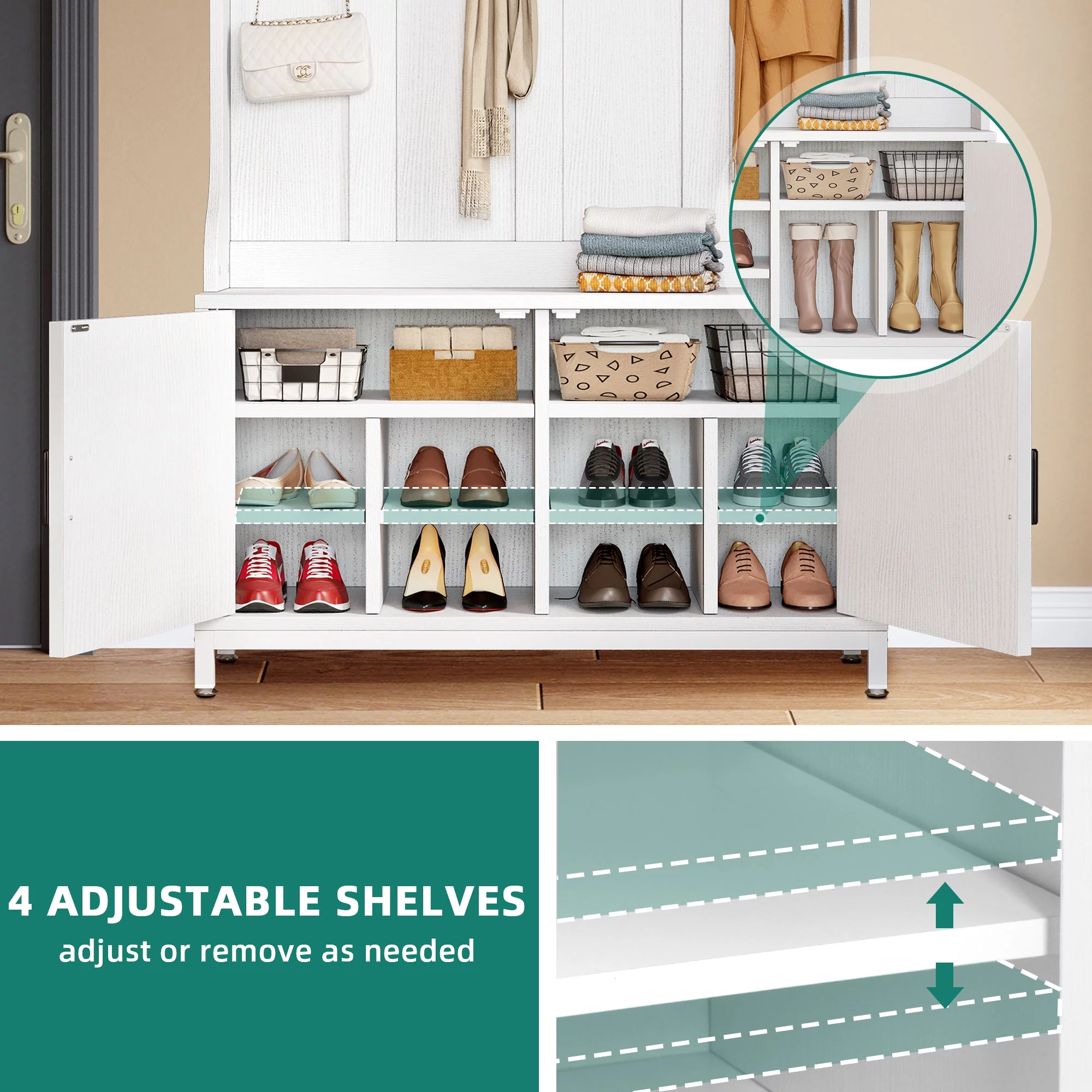 Dextrus Farmhouse Coat Rack with 14 Hooks, 4-in-1 Hall Tree with Storage Bench, Coat Hanger, Shoe Cabinet for Hallway, Living Room, White