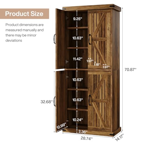 Tribesigns 71" Tall Kitchen Pantry, Farmhouse Storage Cabinet with Barn Doors and Adjustable Shelves, Rustic Wooden Cupboard for Kitchen, Dining Room, Brown