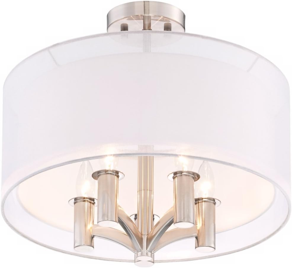 Possini Euro Design Caliari Modern Ceiling Light Semi Flush Mount Fixture Brushed Nickel 18" Wide 5-Light Sheer Silver White Linen Double Drum Shade for Bedroom Kitchen Living Room Hallway Bathroom