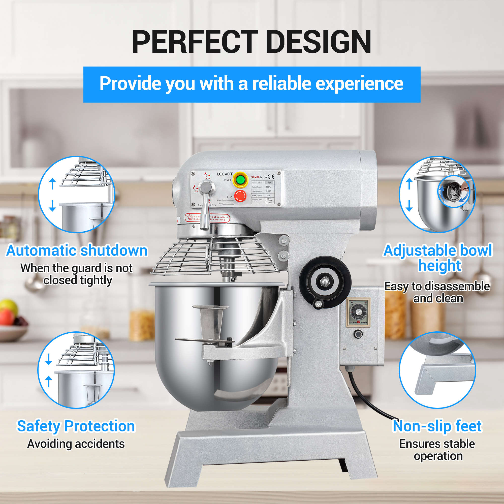 LEEVOT Commercial Stand Mixer 3-Speed Dough Mixer Commercial Food Mixer 10qt 500W