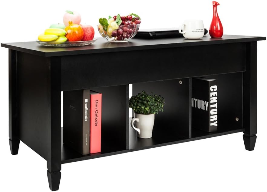 Coffee Table Lift Top Wood Home Living Room Modern Lift Top Storage Coffee Table w/Hidden Compartment Lift Tabletop Furniture, with 3 Hidden Compartment Storage Shelf (Black)