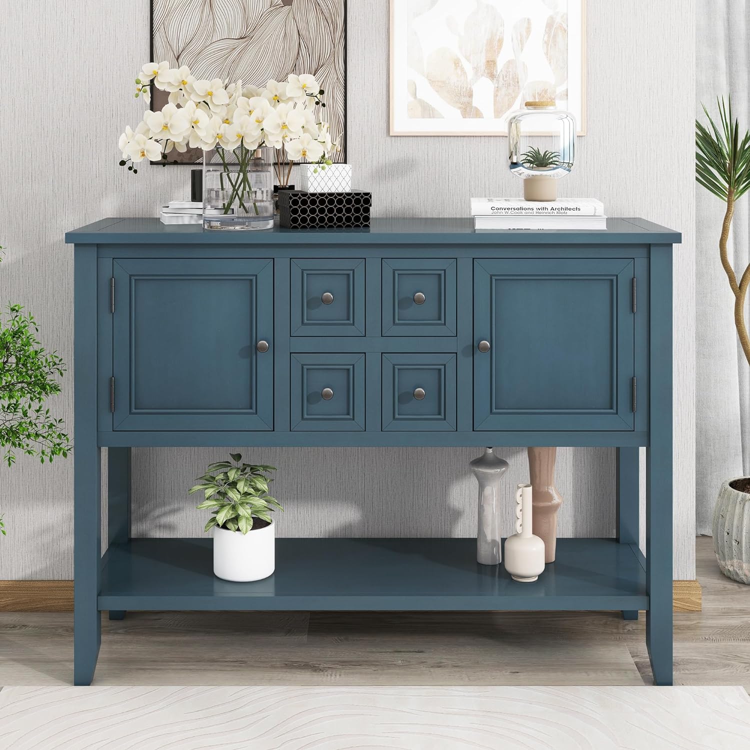 Vintage Console Table with 4 Drawers, 2 Cabinets and Open Bottom Shelf, Solid Wood Buffet Sideboard w/Storage, for Living Room Apartment Hallway Entryway, Light Navy, 46 Inch