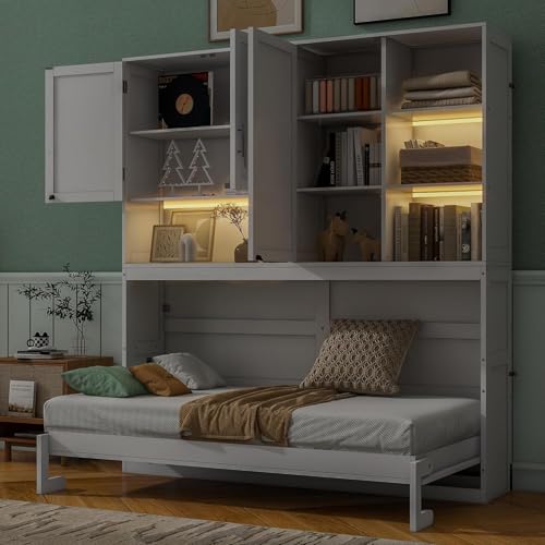 MERITLINE Twin Horizontal Murphy Bed with Storage Cabinet, LED Light and Charging Station,Wood Folding Murphy Wall Bed Cabinet with Bookcase and Shelves for Adult (White)