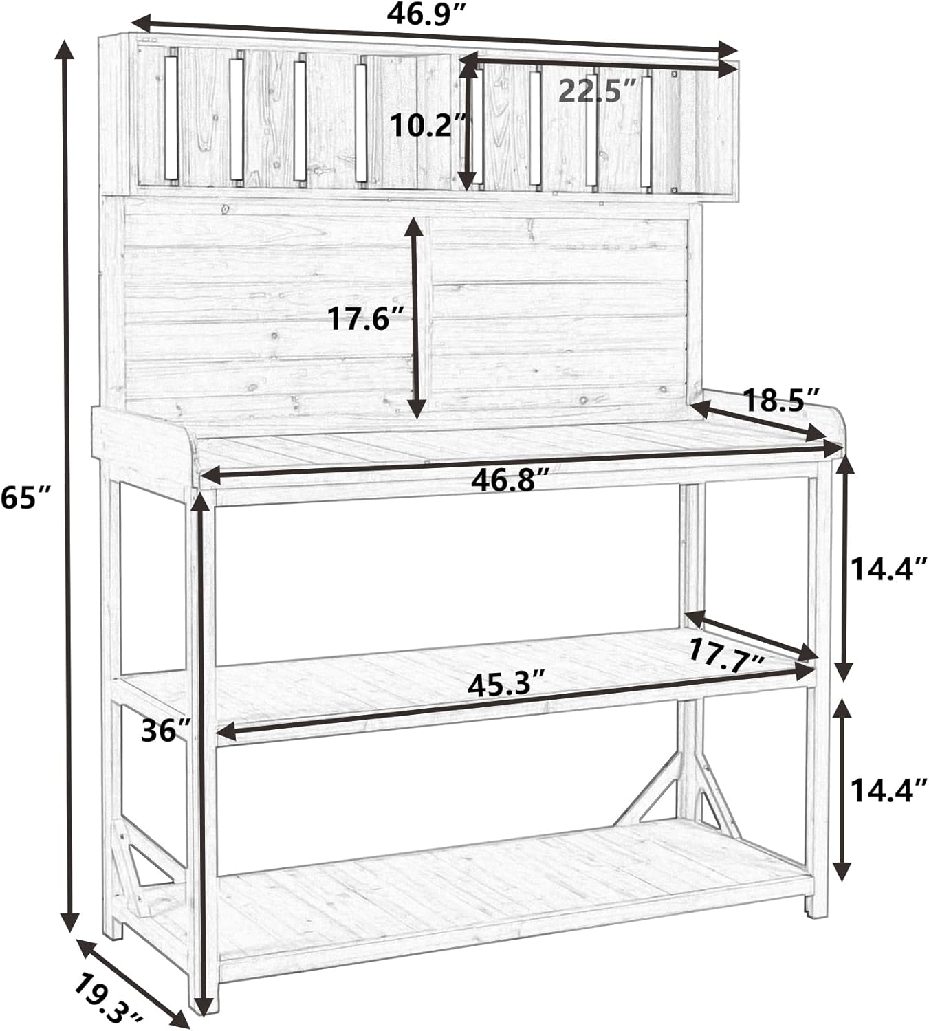 65" H Garden Wooden Potting Bench Table with 4 Storage Shelves and 3 Side Hook, Large Farmhouse Rustic Outdoor Patio Workstation w/Splash Plate & Anti-Falling Device, for Backyard Balcony, Green