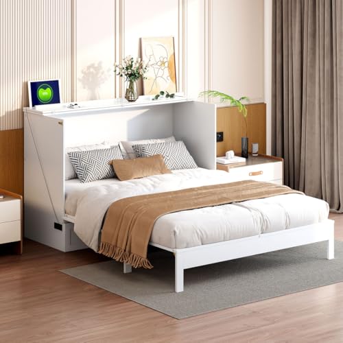 Full Size Murphy Bed Cabinet, Solid Wood Murphy Bed with Charging Station and Large Storage Drawer, Wall Mounted Foldable Platform Bed, Space Saving for Guest Room, Office, Gray