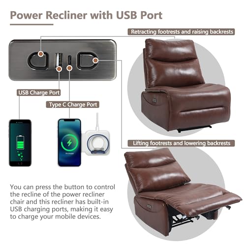 Genuine Leather Electric Power Recliner Chair with USB Charge Ports, 33.5'' Extra Large Width Powered Reclining Chair for Living Room Bedroom Home Theater