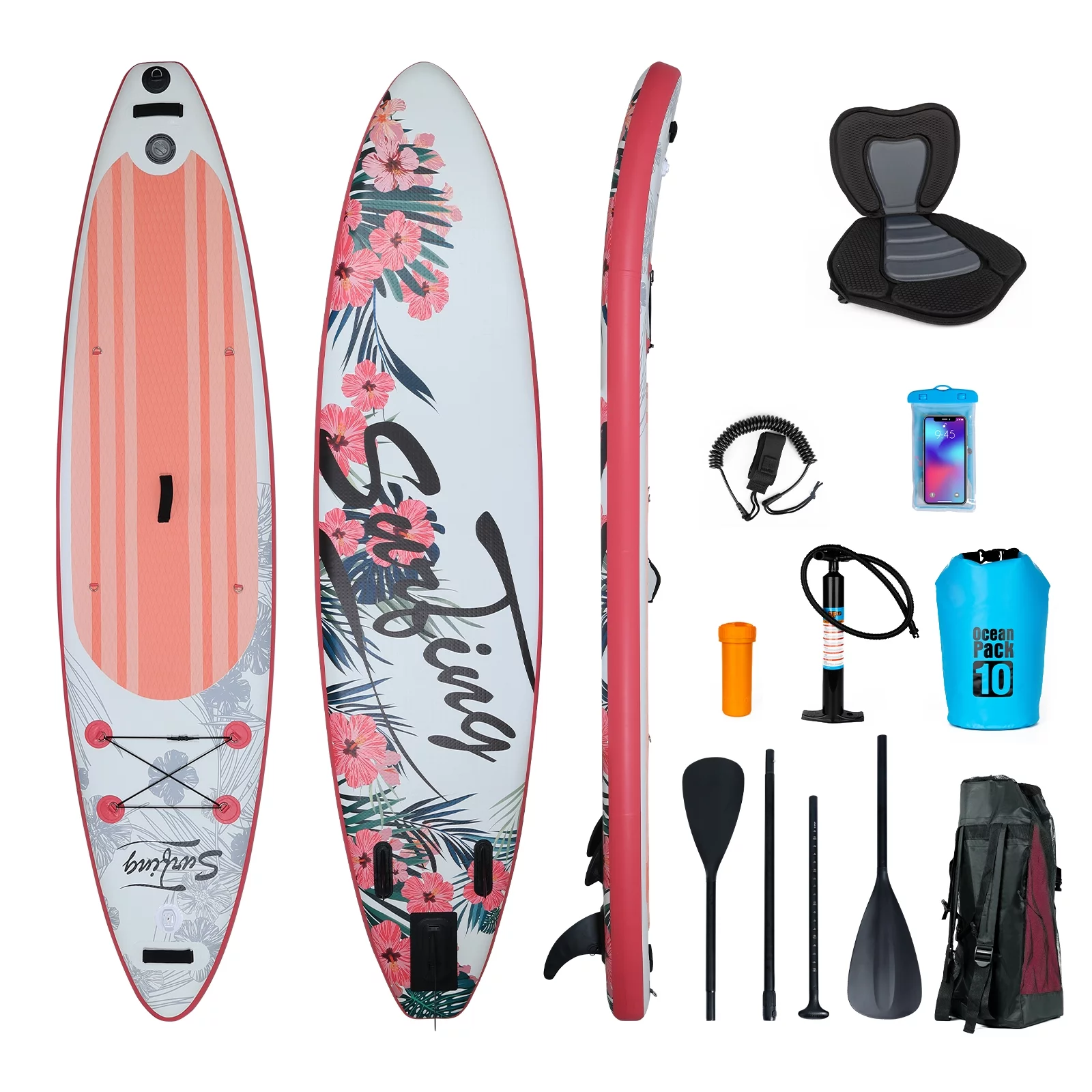 ELECWISH 11 Ft Inflatable Stand Up Paddle Board with Kayak Seat, Non-Slip Deck SUP Paddle Board with Premium Kayak and SUP Accessories & Backpack, Pink Flower