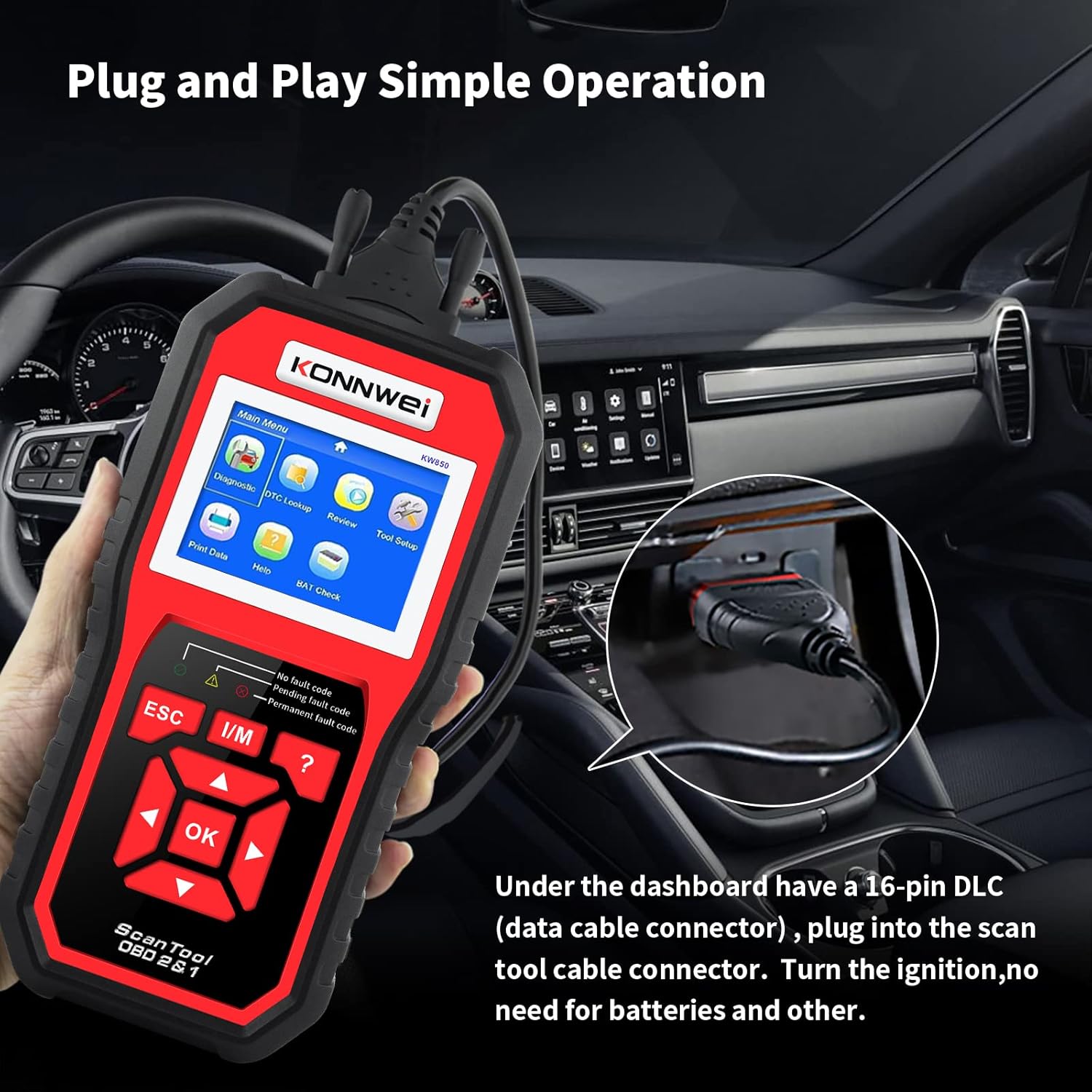 KONNWEI KW850 OBD II Scanner Check Engine Code Reader CAN Diagnostic Scan Tool with O2 Sensor Test Freeze Frame I/M Readiness Print Data EVAP System Battery Test for All OBD2 Cars (Updated Version) Pack of 2