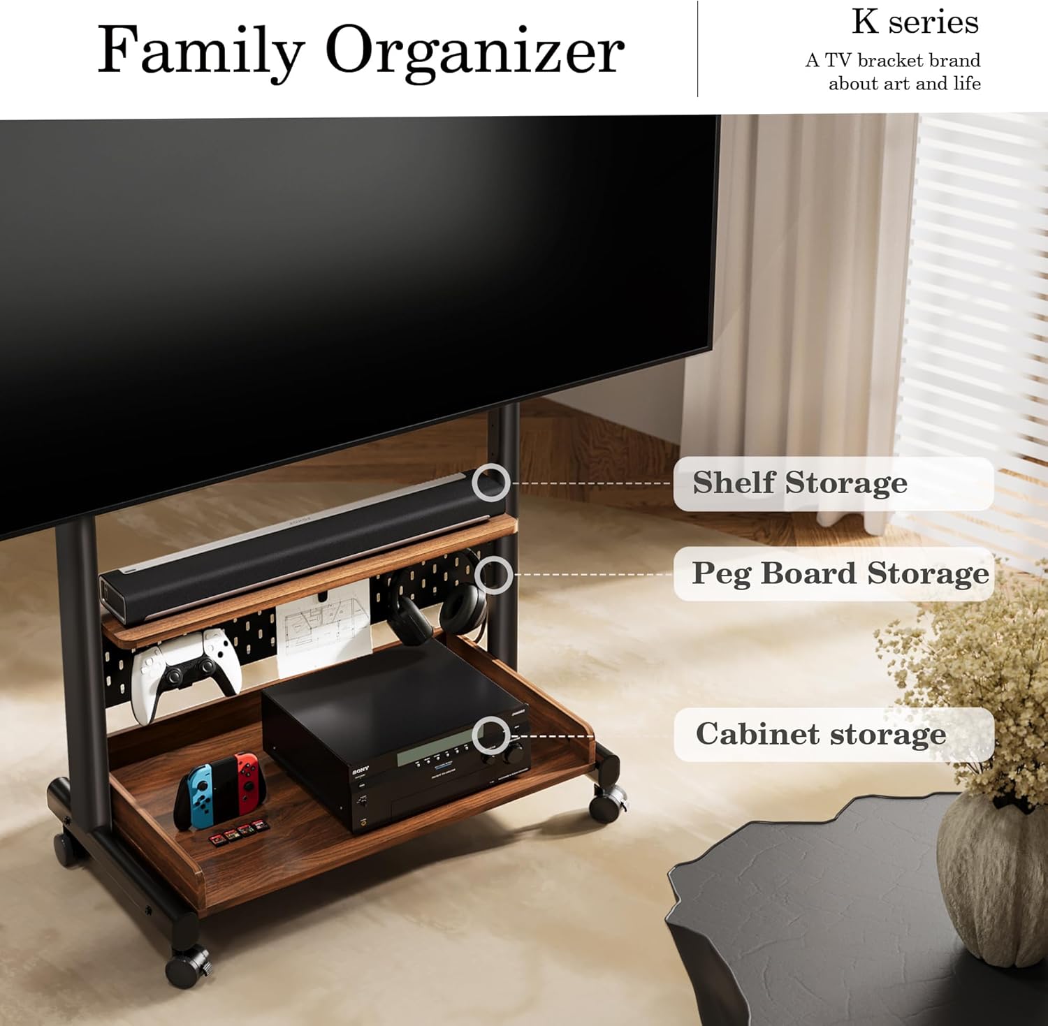 FITUEYES Mobile Stand for 40-85 Inch LCD/LED Flat Curved Screens with Wooden Large Storage and Black Height Adjustable Rolling TV Stand Hold Up to 88 Lbs，Landscape to Portrait Rotating and 40°Swivel