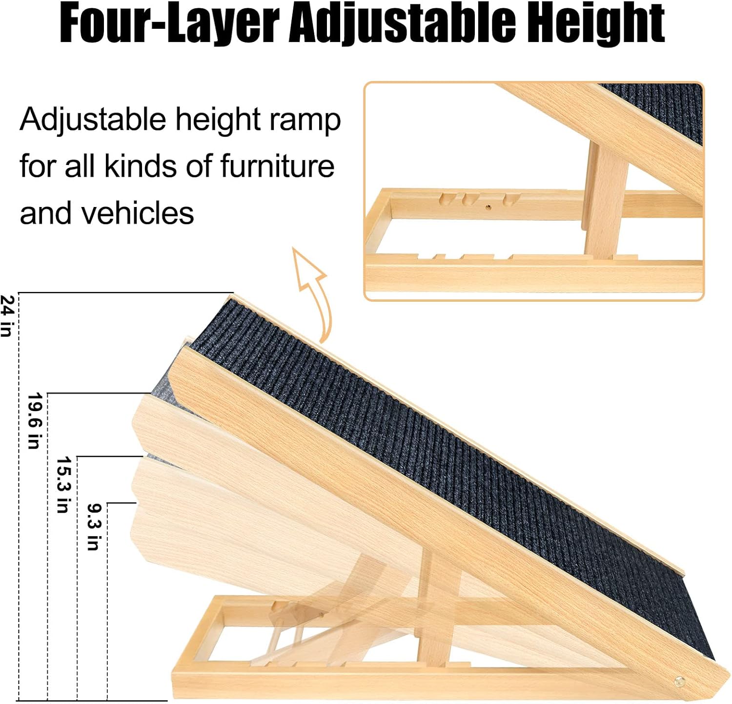 Peclot Adjustable Pet Ramp, Folding Portable Natural Wooden Ramp for All Dogs & Cats, Non Slip Carpet Surface Ramp for Bed, Couch &Car, 40” Long and Height Adjustable from 9” to 24, Up to 100 Lbs