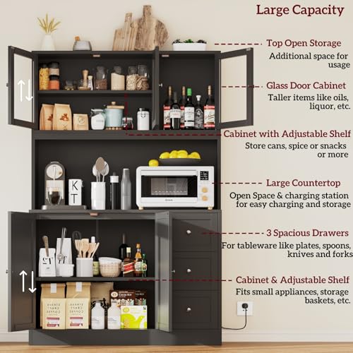 Irontar 70.9'' Kitchen Pantry Cabinet, Kitchen Hutch with Microwave Stand & Charging Station, Farmhouse Tall Storage Cabinet with Countertop, Bar Cabinet with Drawer and Glass Doors, Natural CWG011ME