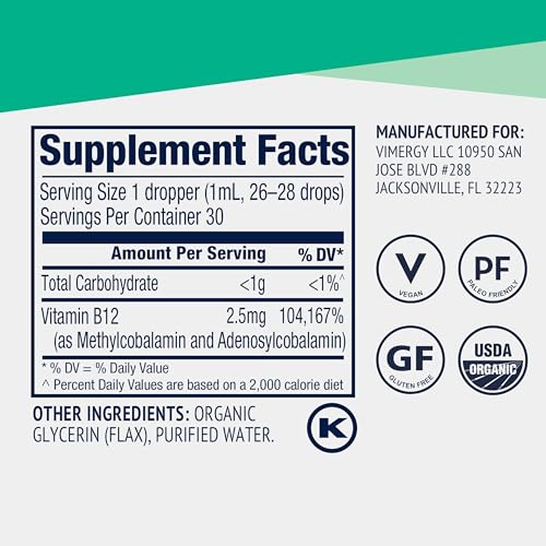 Vimergy Liquid B12 Refill – Fast-Absorbing Brain Support – Energy Support Supplement – USDA Certified Organic, Vegan, Non-GMO – 240 Servings (240 mL)