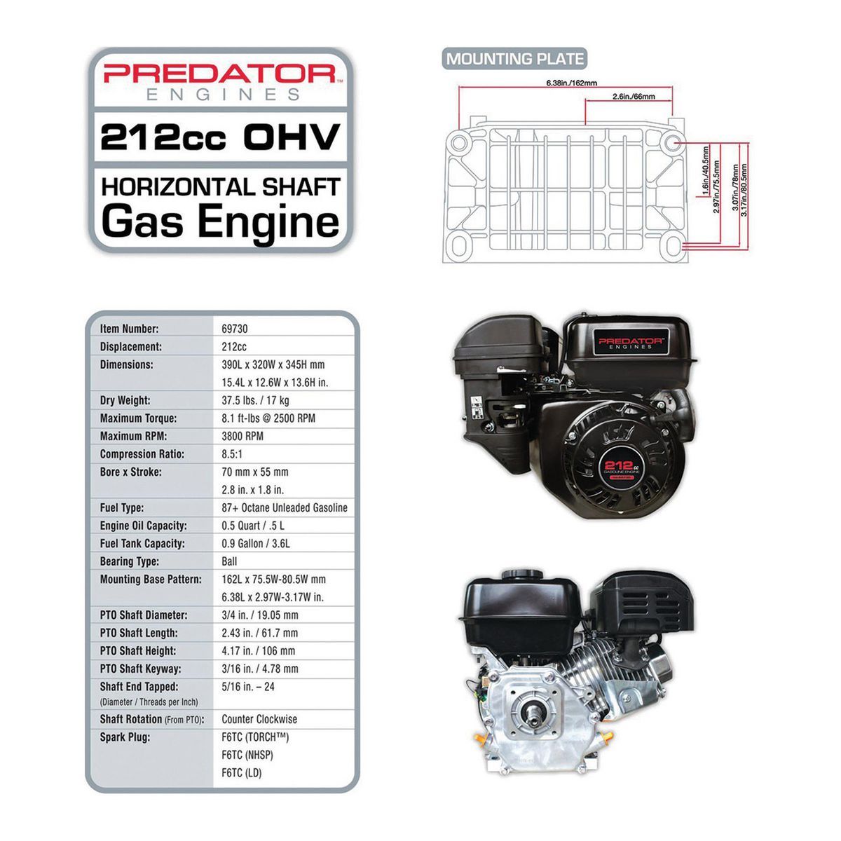 PREDATOR 6.5 HP (212cc) OHV Horizontal-Shaft Gas Engine, EPA