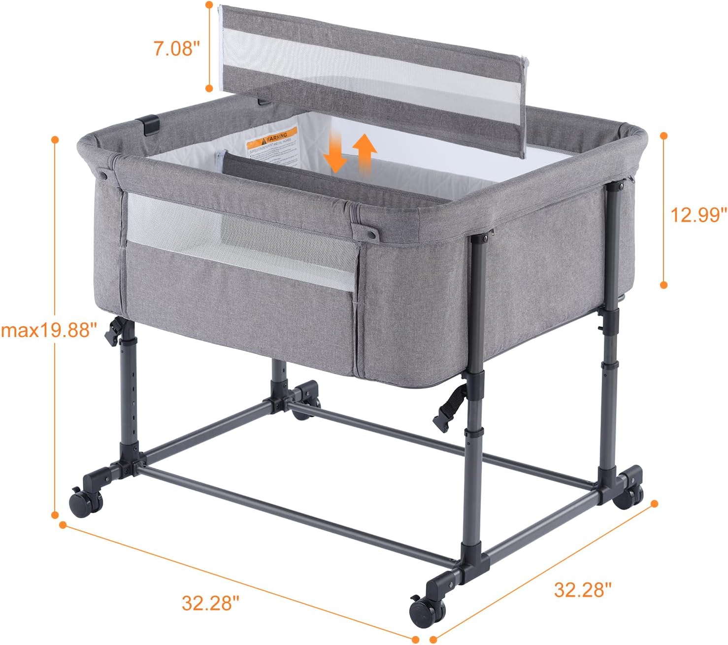Twin Bassinet for 2 Babies,Adjustable Height Double Crib with Storage Bag and Replaceable Mattress Cover, Portable Twin Bedside Crib Attaches to Bed with Strap for 0-6 Months Twins Baby Grey