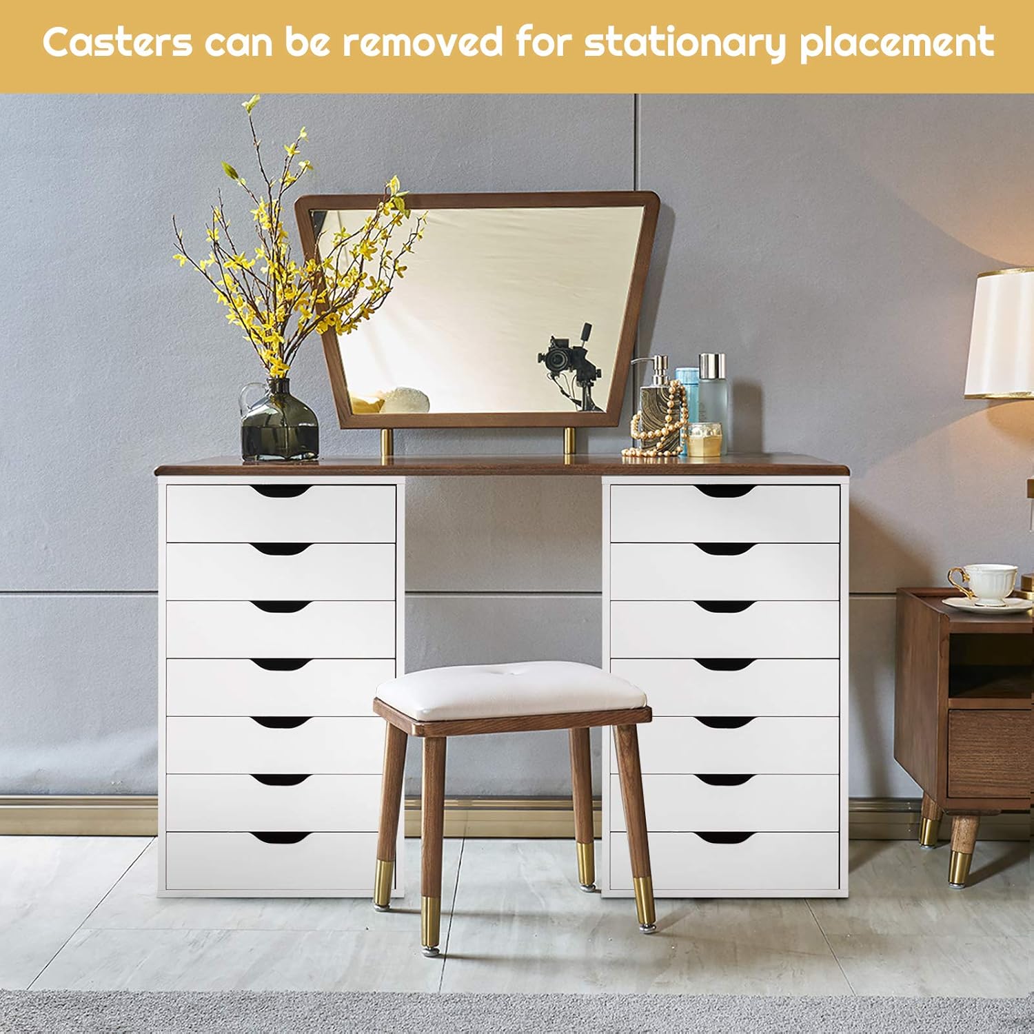 7 Drawers File Cabinet, 34.5”Vertical Filing Cabinet for Home Office, Under Desk Storage Cabinet with Wheels, Mobile Chest of Drawers, Lateral Rolling Printer Stand, White