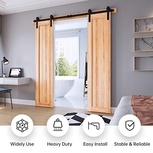 EaseLife 14 FT Double Door Sliding Barn Door Hardware Track Kit,Basic J Pulley,Heavy Duty,Slide Smoothly Quietly,Easy Install (14FT Track Kit for Double 42" Wide Door)