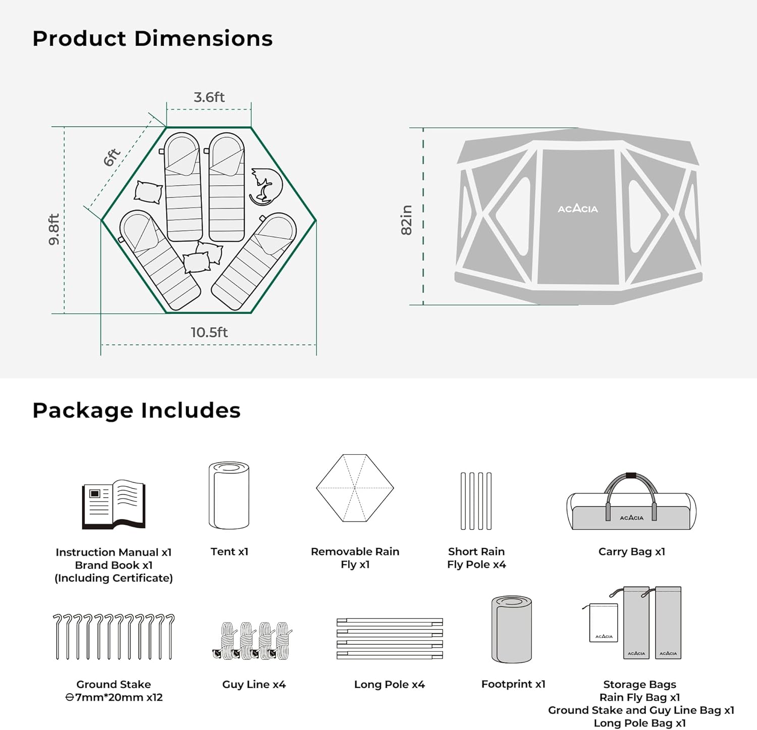 ACACIA Space Camping Tent XL, 4-6 Person Large Family Tent with 6'10'' Height, 2 Doors, 8 Windows, Waterproof Pop Up Easy Setup Hub Tent with Rainfly, Footprint for Car Camping, Glamping, Celestite