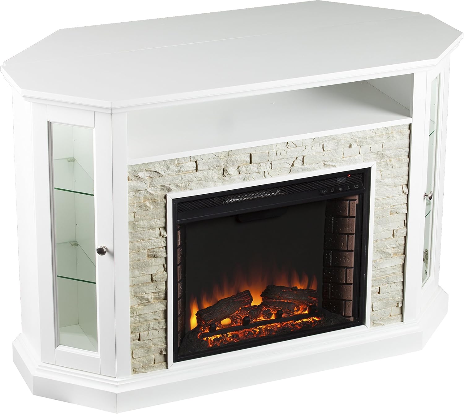 SEI Furniture Redden Faux Stone Convertible Electric Media Storage Corner Fireplace, Fresh White
