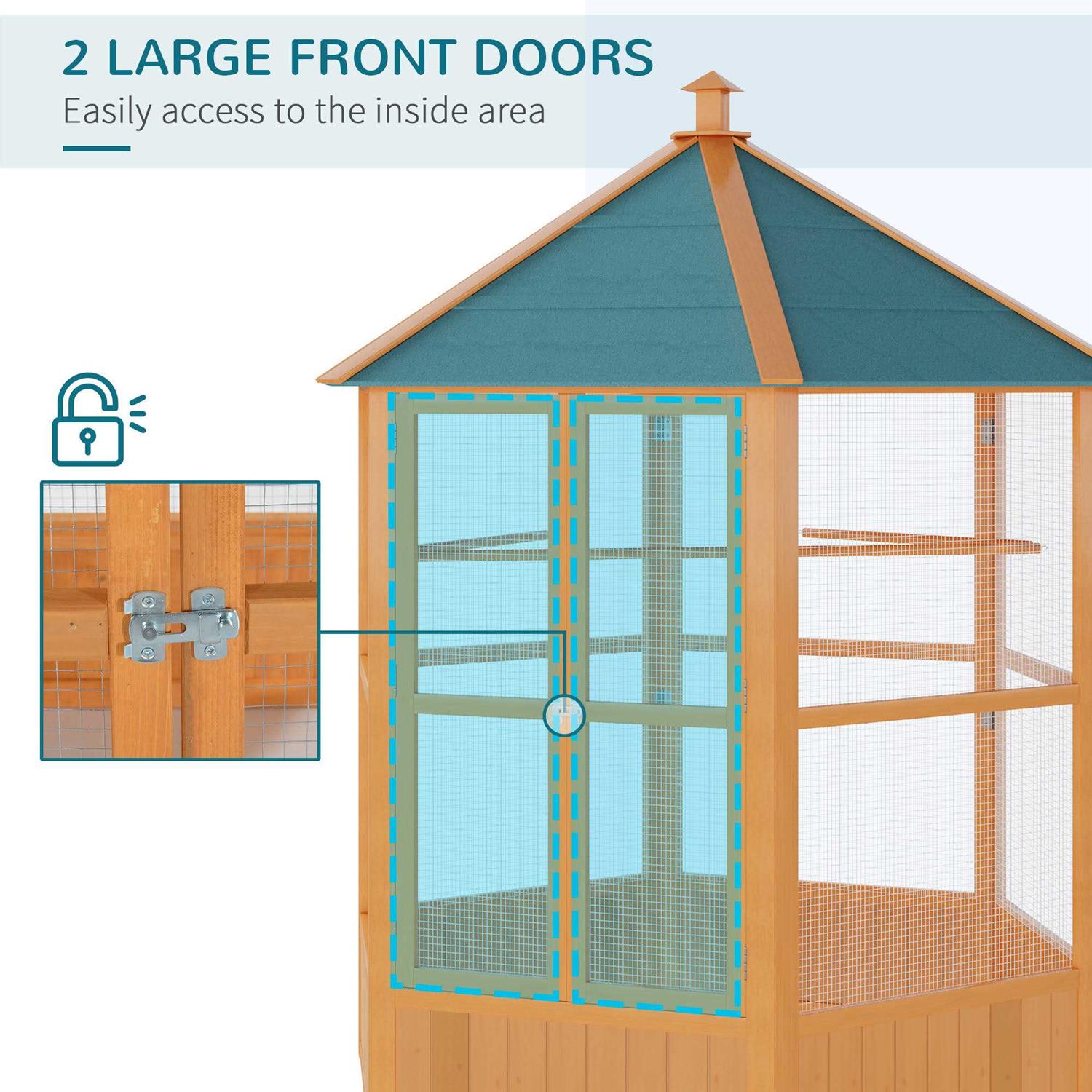 PawHut 69 Large Wooden Hexagonal Outdoor Aviary Flight Bird Cage With Covered Roof - Pet Supplies online store