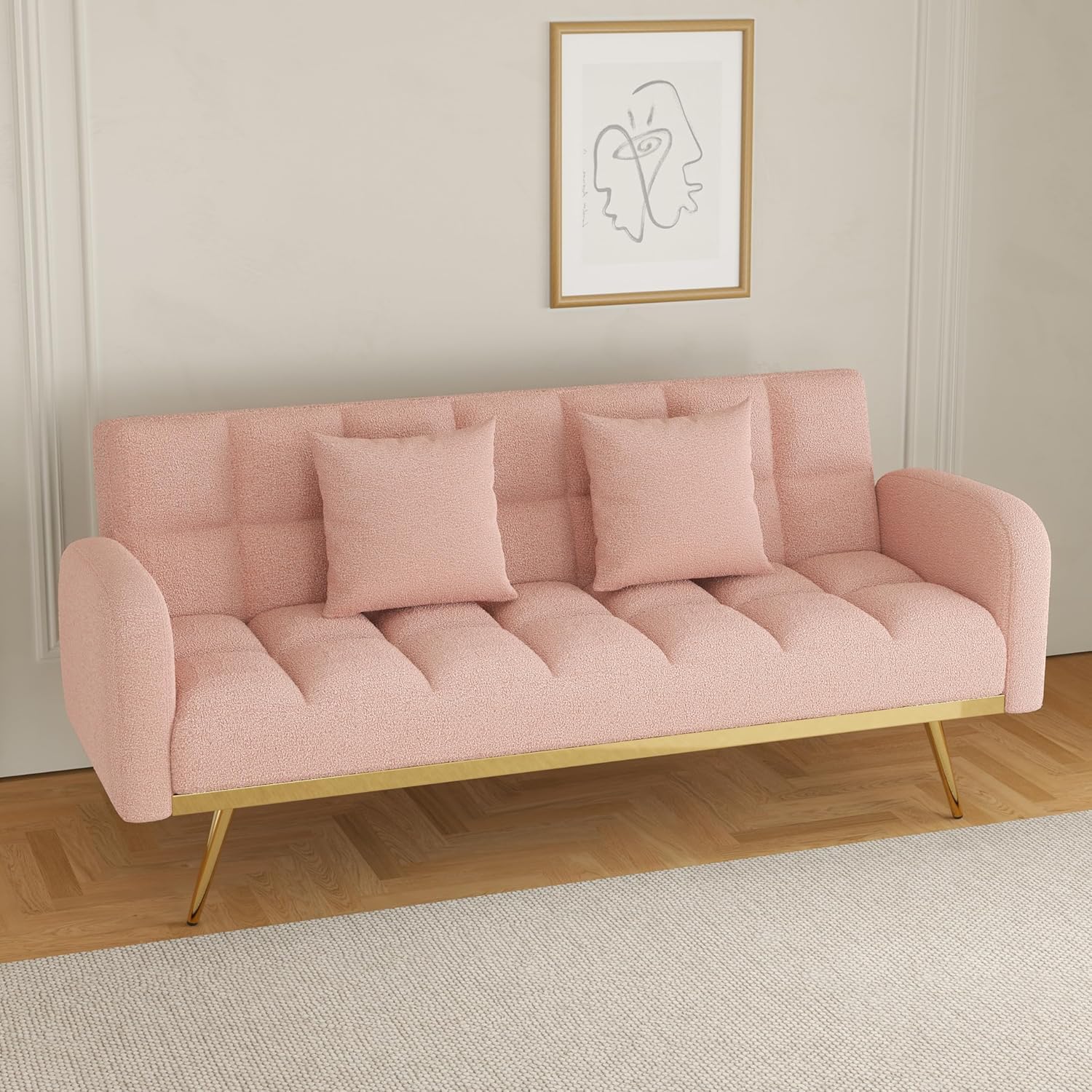 Pink Convertible Sleeper Loveseat Sofa 2-in-1 Adjustable Bed Futon Recliner with 2 Throw Pillows for Living Room Abstract Beach Modern Contemporary Solid Fabric Wood