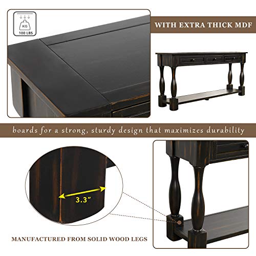 Solid Wood 64" Long Console Table with 3 Drawers and Bottom Shelf, Sofa Couch Table Entryway Table Side Table for Entryway, Hallway, Living Room, Bedroom