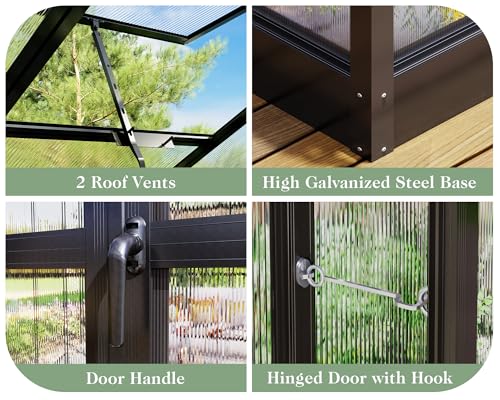 8x10x7.5 FT Greenhouse - Outdoor Aluminum Polycarbonate Greenhouse with Ventilation and Rain Gutter, Double Doors with Hook, Walk in Greenhouse for Outdoors, Backyard, Garden (Black)