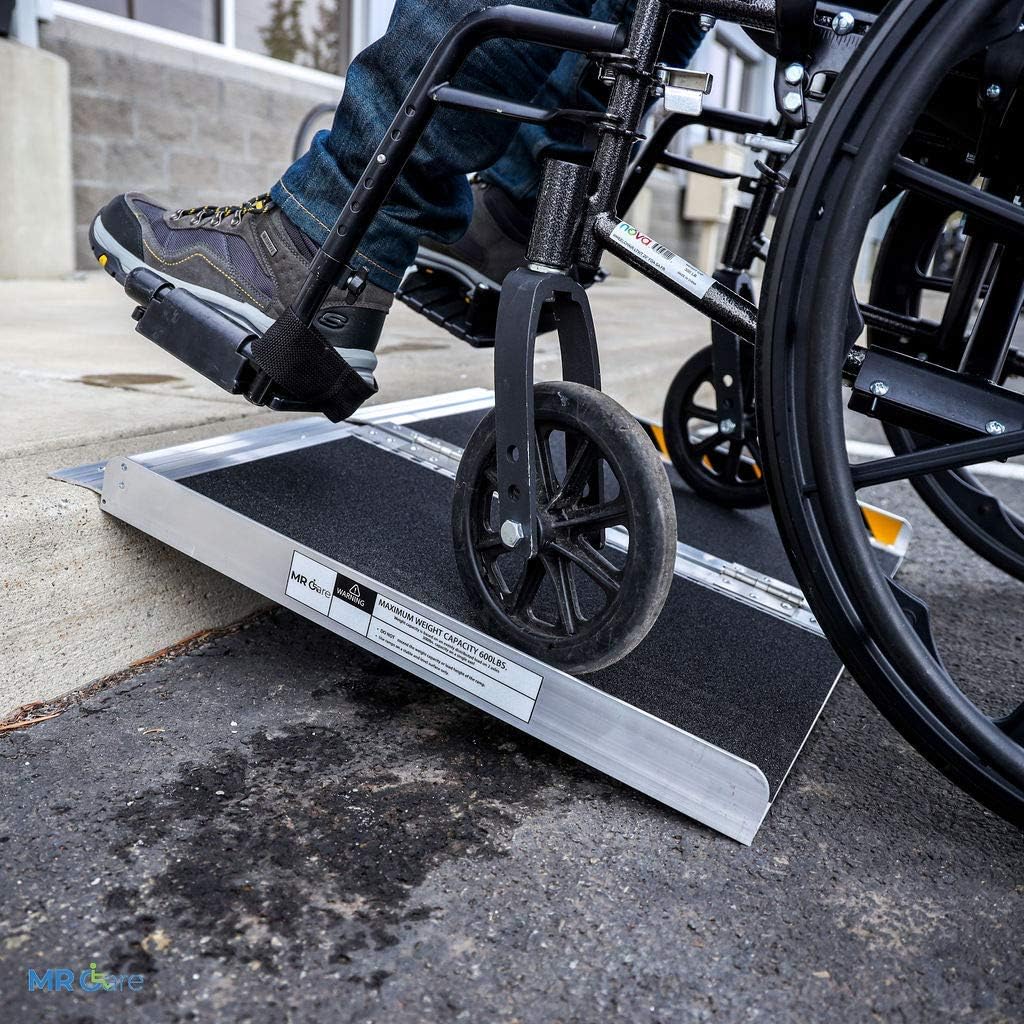MR CARE Portable Wheelchair Ramp | Lightweight Foldable Ramps for Wheelchairs with Handle | Featuring Unique Yellow Reflective Caution Stickers | Perfect Wheel Chair Ramp for Home Steps (2FT)