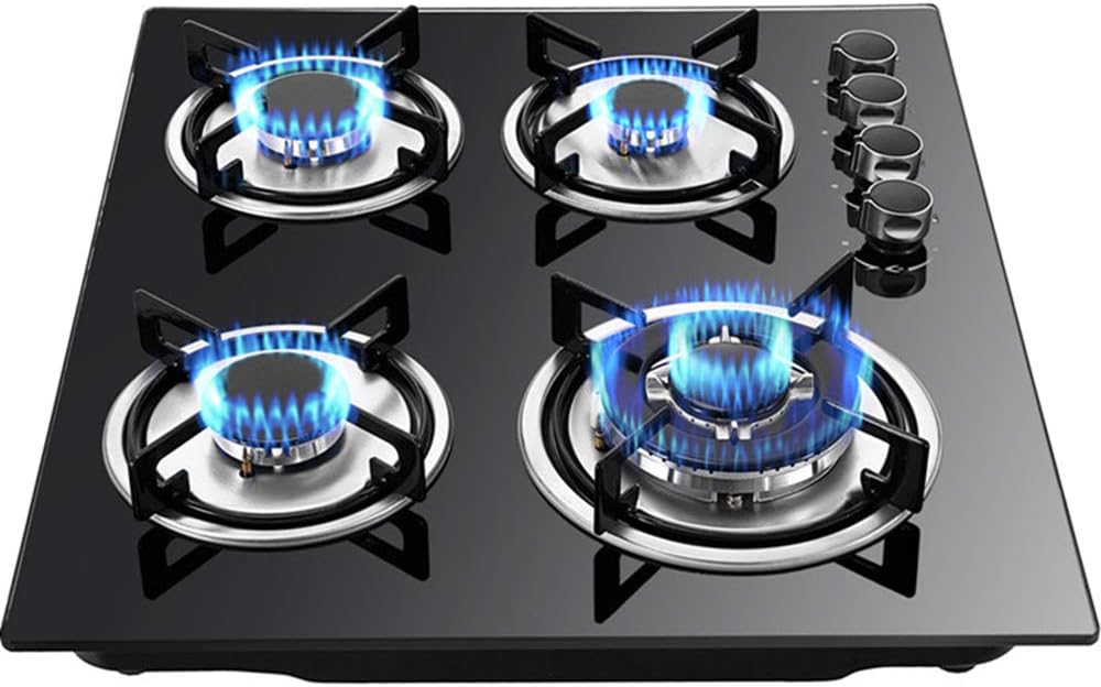 Gas Stove Cooktop 23x20 Inches Built in Gas Cooktop with 4 Burners, Portable Black Tempered Glass Stove Burner Cast Iron with NG/LPG Conversion Kit for RVs,Apartments,Outdoor,Black