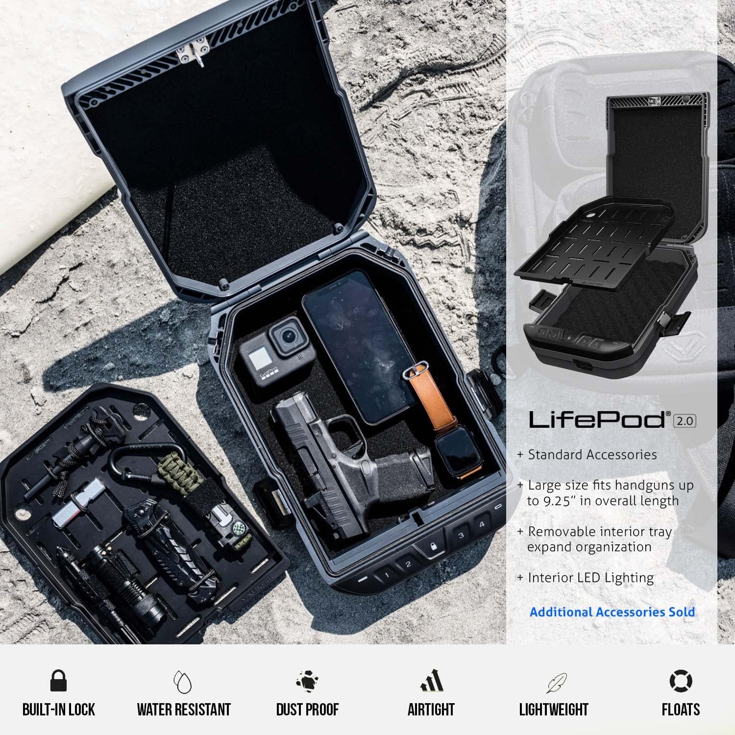 VAULTEK LifePod 2.0 Secure Waterproof Travel Case Rugged Electronic Lock Box Travel Organizer Portable Handgun Case with Backlit Keypad (Titanium Gray)