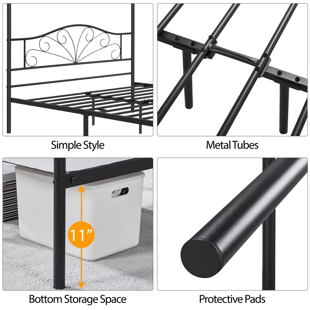 Topeakmart Four-poster Metal Canopy Platform Bed with Arched Headboard and Footboard, Queen Size, Black