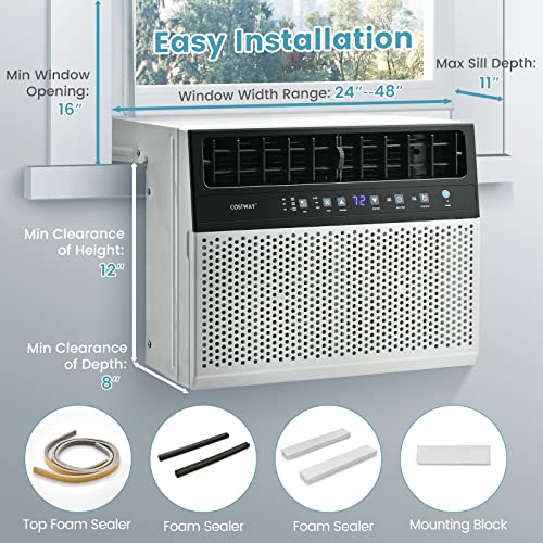 COSTWAY 8000 BTU Window Air Conditioner, Over the Sill AC up to 400 Sq.Ft. w/Cool/Dry/Fan/Auto/Sleep/Energy Saver Modes, Full Widow View, Ultra Quiet Operation
