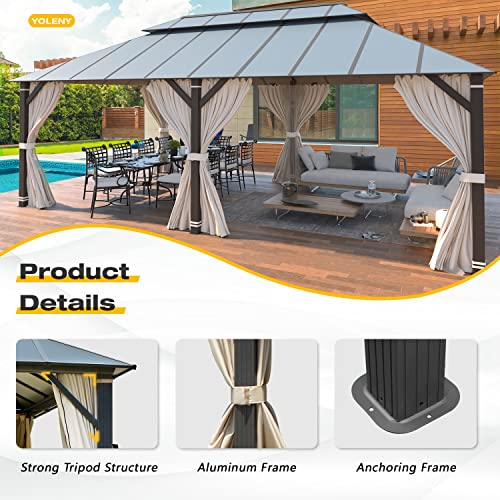 YOLENY 10' x 12' Hardtop Gazebo, Wood-Looking Gazebo with Galvanized Steel Double Roof, Aluminum Frame, Permanent Metal Pavilion with Netting and Curtains for Deck, Backyard, Patio and Lawns