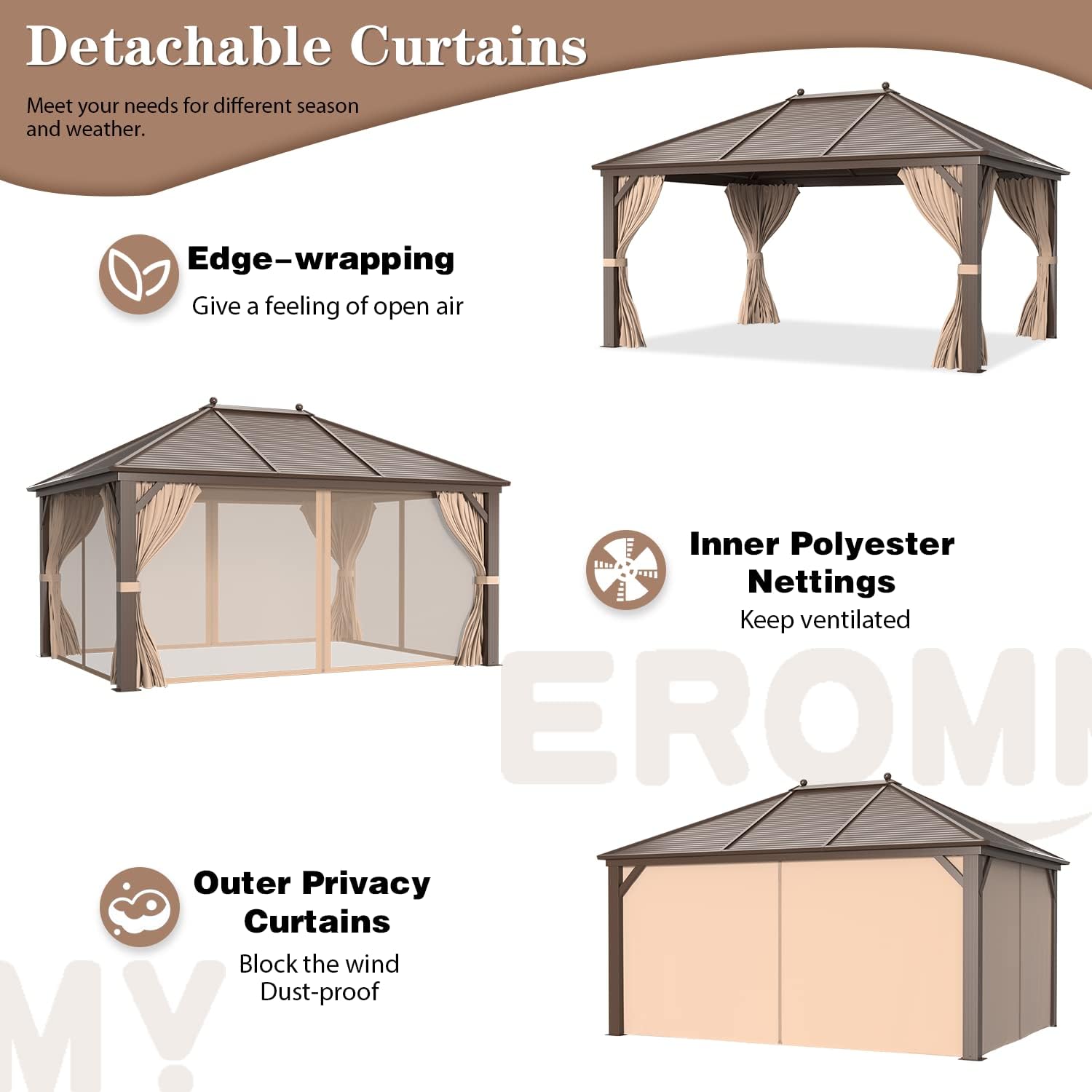EROMMY Hardtop Gazebo Galvanized Steel Outdoor Gazebo Canopy Double Vented Roof Pergolas Aluminum Frame with Netting and Curtains for Garden,Patio,Lawns,Parties (10'x 13')