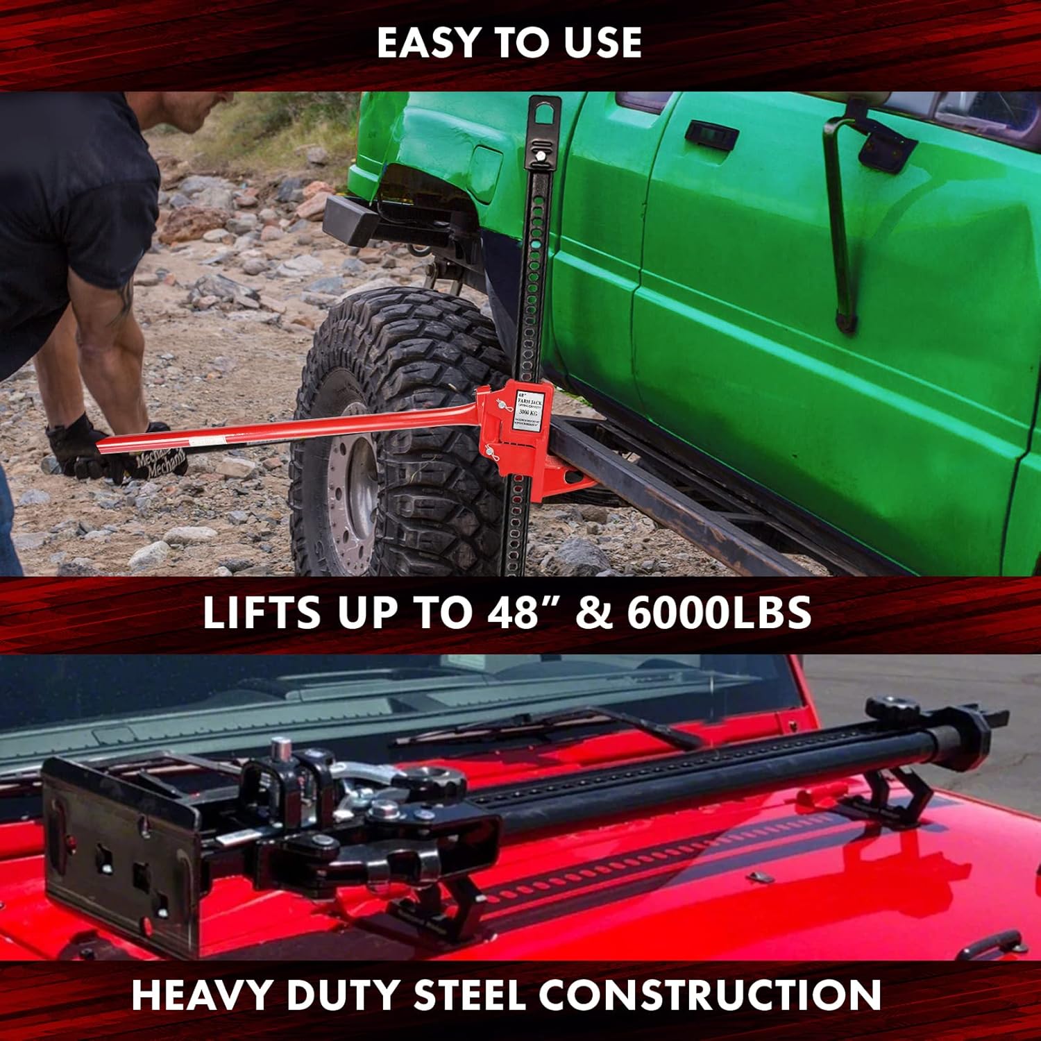 YIYITOOLS Heavy Duty Farm Jack 48 inch, Portable Car Lift Jack Stand 3 Tons Capacity, Off Road High Lift Jack with Wide Base, Cast and Steel, Ratcheting Jack for Tractors Trucks SUVs Cars