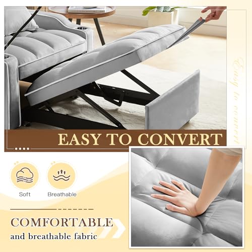 Convertible Sleeper Sofa Bed, 3 in 1 Velvet Pull Out Loveseat Couch Modern Comfy Futon Sofa with Adjustable Backrest & Phone Holder & USB Charging Space Saving for Living Room, Small Apartment, Grey