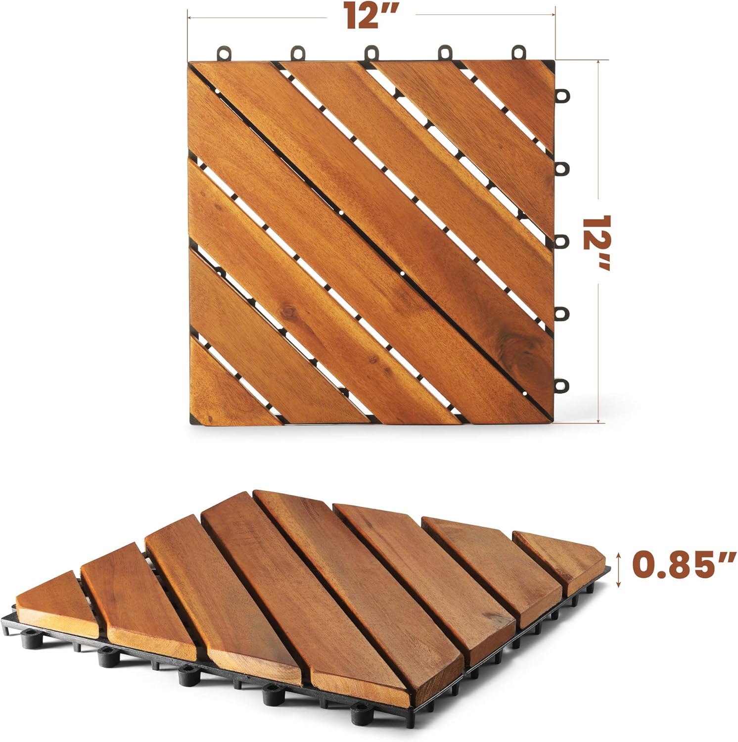 Wood Interlocking Flooring Tiles (Pack of 10, 12" x 12"), Solid Wood Acacia Deck Tiles Interlocking Outdoor, Patio Tiles Outdoor Interlocking Waterproof All Weather (8 Slat)