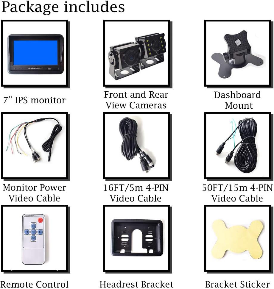 AHD Car Backup System with DVR 7 inch IPS Monitor with Rear & Front View Camera Dual Recording for Truck Bus Trailer Motorhome Caravan Camper Surveillance 4-PIN Aviation Plug 12V-24V Night Vision