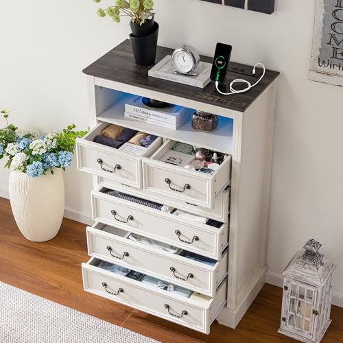 Dresser for Bedroom with Charging Station & LED Light,Tall Dresser & Chests of Drawers with 6 Drawers,Vintage Gray