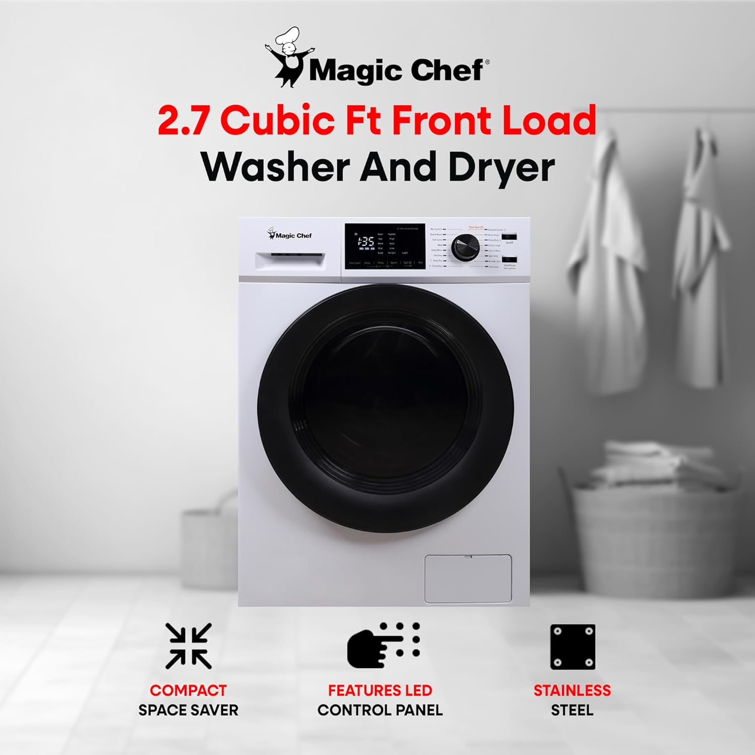 Magic Chef 2.7 Cubic Foot Front Load Portable Compact Electric Washing Washer And Dryer Machine Combo Appliance, White
