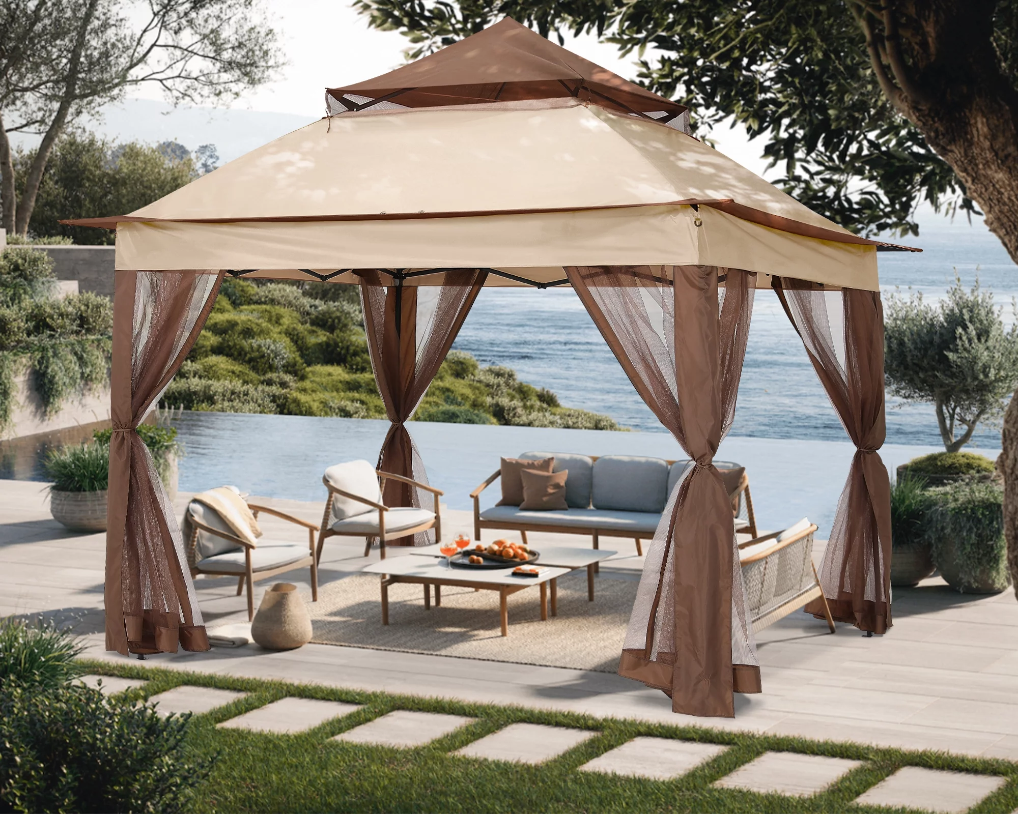 ABCCANOPY 13'x13' Gazebo Tent Outdoor Pop up Gazebo Canopy Shelter with Mosquito Netting, Brown