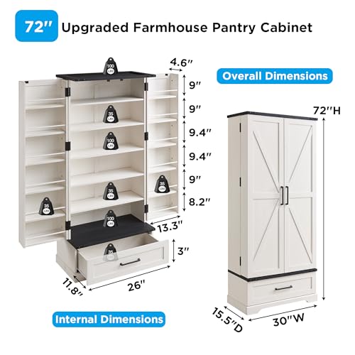 72" Farmhouse Kitchen Pantry Cabinet with Drawer, Tall Storage Cabinet with 2 Barn Doors and Shelves, Versatile Large Rustic Cupboard for Dining Room, Bathroom, Living Room, Laudry, White