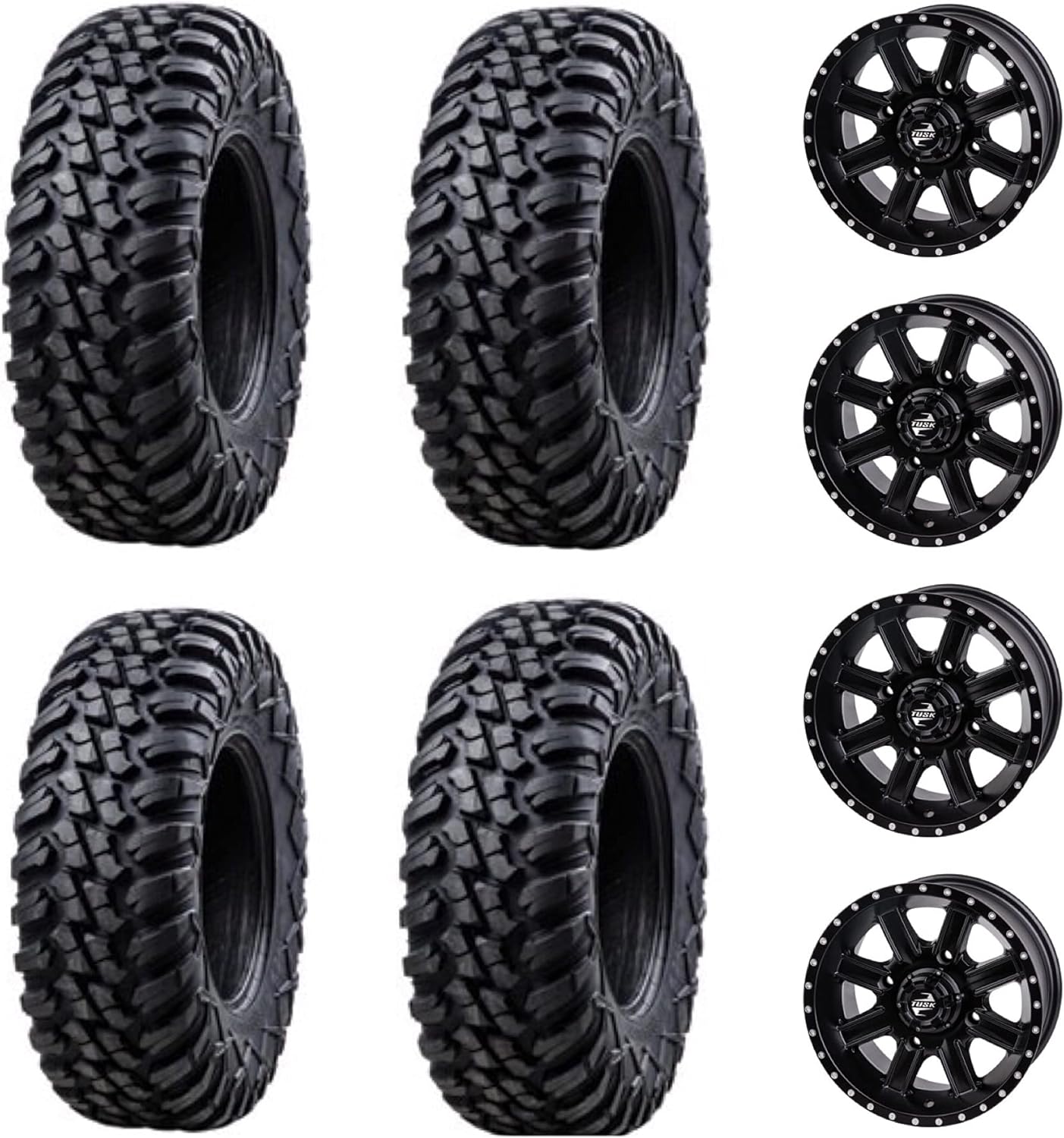 Tusk Racing Four 30x10-14 TERRABITE Heavy Duty 8-Ply Radial DOT UTV Tires mounted on CASCADE Wheels - For POLARIS applications 4/156 bolt pattern Includes Lug Nuts (4+3 Wheel Offset, Matte Black)